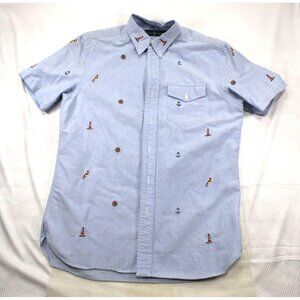 Ralph Lauren  Mens Large Blue Knit Oxford Sailboat Nautical Embroidered Short Sl
